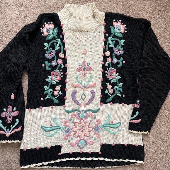 Vintage 80s Ninon de Lenclos Women’s Large Floral 3D Knit Mock neck Embroidered - Picture 3 of 6